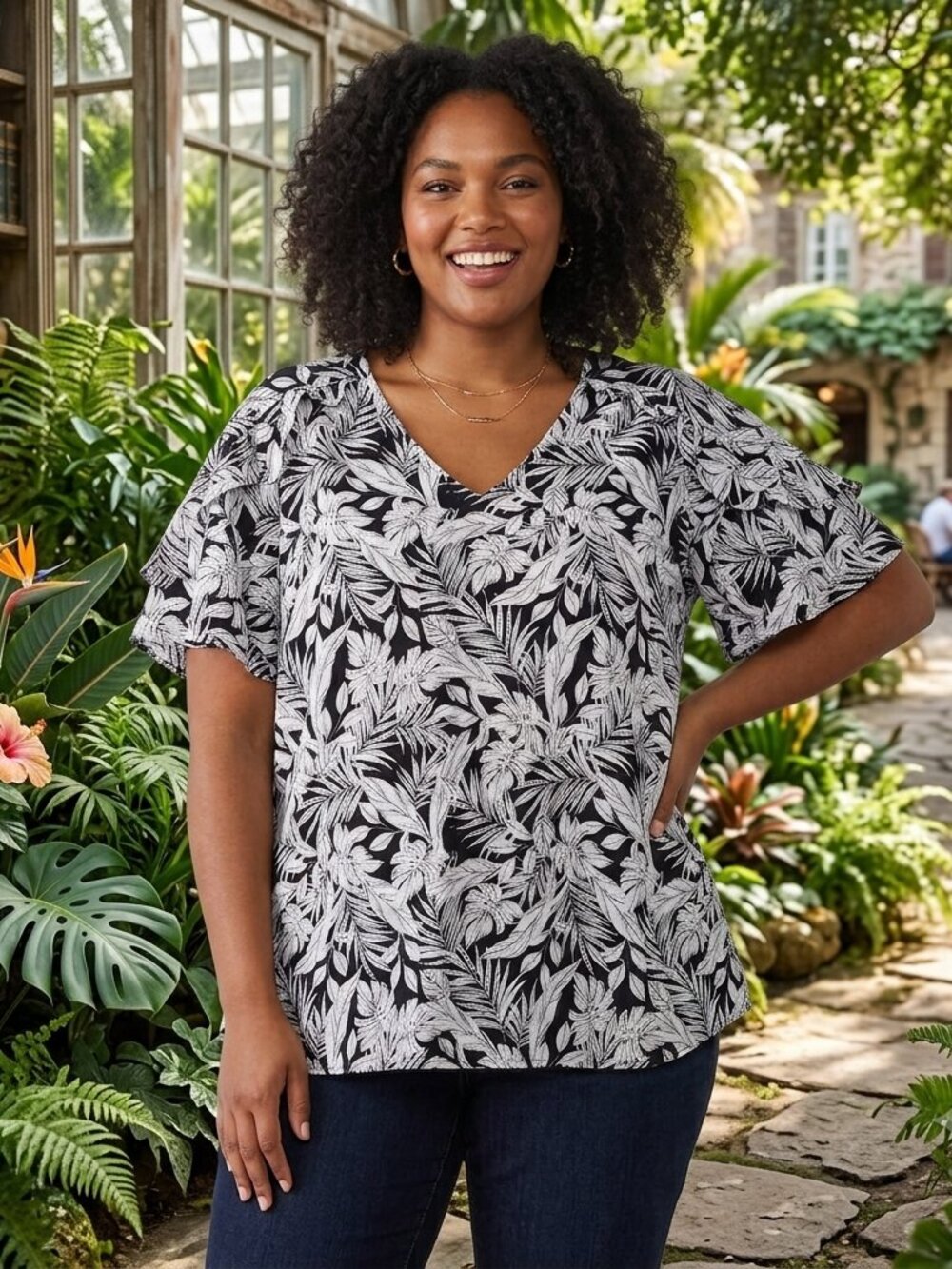 Lane Bryant Size 24 Black White Tropical Leaf Ruffle Flutter Sleeve V-Neck Blous